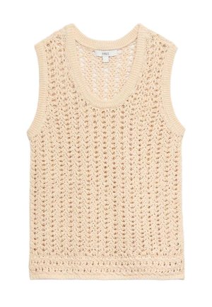 Veste sans manches tricotée couleur crème avec motif ajouré et col rond, étiquette M&S.
