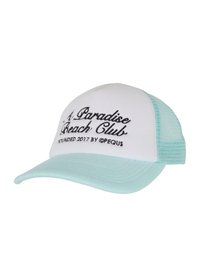 Cappellino da baseball bianco con accenti azzurri, con testo ricamato "A Paradise Beach Club" e "Fondato nel 2017 da @PEGUS."
