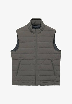 Grau isolierte Weste mit hohem Kragen, Frontreißverschluss und zwei seitlichen Reißverschlusstaschen. Mit horizontalen Nähten und ärmellosem Design.