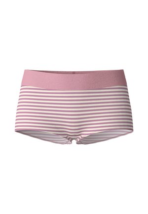 Striped boxer shorts with a soft pink waistband. Features horizontal stripes in shades of pink and cream. Made of stretchy fabric.