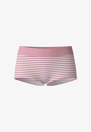 Gestreifte Boxershorts mit einem weichen rosa Bund. Sie verfügen über horizontale Streifen in verschiedenen Pink- und Crémetönen. Hergestellt aus dehnbarem Stoff.