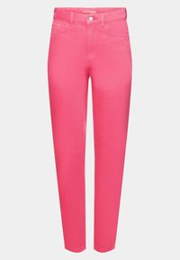 Vaqueros de mezclilla rosa con corte recto, diseño de cinco bolsillos y cierre de botón metálico. Textura suave con ligero estiramiento para mayor comodidad.