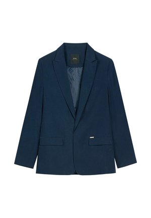 Granatowa, dopasowana marynarka z wciętymi klapami, długimi rękawami, dwoma przednimi kieszeniami na klapę oraz gładką podszewką wewnętrzną.