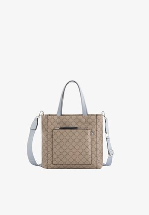 Sac fourre-tout en toile beige avec un motif texturé, deux poignées, une bandoulière grise ajustable et une poche zippée à l'avant.