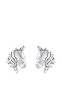 Orecchini a testa di unicorno argentati con dettagliati design della criniera e una piccola gemma chiara su ciascuno. Finitura metallica lucida.