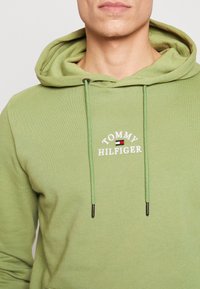 Felpa verde con cappuccio e logo frontale. Presenta lacci e una texture morbida. Vestibilità classica con polsini a costine.