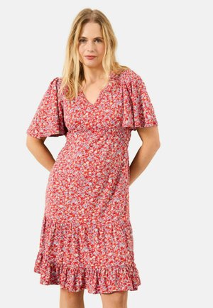 Red floral dress with short puff sleeves, V-neck, gathered waist, and ruffled hem. Features small blue and white floral patterns.