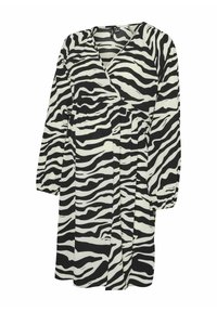Robe noire et blanche à rayures de zèbre avec un design enveloppant, manches longues et tissu texturé, présentant une taille froncée et une longueur aux genoux.