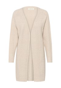 Beige stickad cardigan med öppen framsida, långa ärmar och en strukturerad chevronmönster. Tillverkad av mjukt, lätt tyg.