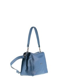 Borsa in pelle blu con design strutturato, dotata di un manico superiore e di una tracolla removibile. Accenti in metallo argentato inclusi.