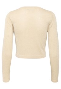 Beiger, kurz geschnittener Pullover mit langen Ärmeln aus schimmerndem Strickstoff. Verfügt über einen Rundhalsausschnitt und eine weiche Textur. Kein Muster oder Verzierungen.