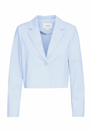 Lys blå cropped blazer laget av glatt stoff med spiss krage, enkelt knappelukking og lange ermer.