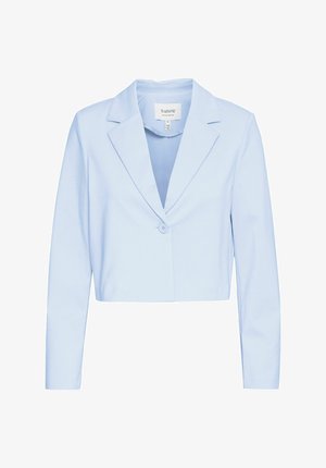 Blazer cropped bleu clair en tissu lisse avec col cranté, fermeture à bouton unique et manches longues.