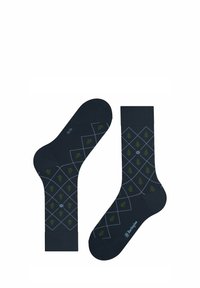 Niebieskie i zielone skarpetki bawełniane w wzór diamentów. Posiadają małe zielone sosny i białe akcenty. Idealne do noszenia na co dzień.