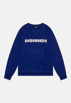 Navy blue sweatshirt with ribbed cuffs and hem, featuring a white "DSQUARED2" logo across the front in bold typography.