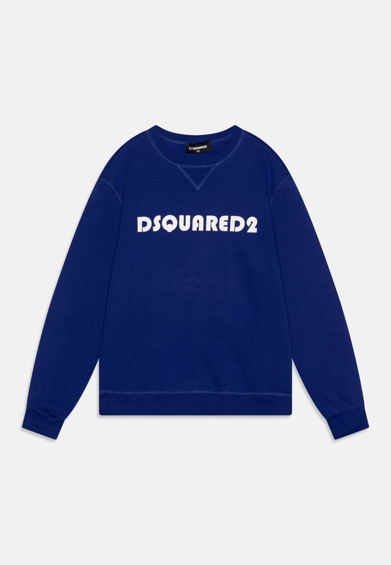 Sweatshirt bleu marine avec poignets et ourlet côtelés, arborant un logo blanc "DSQUARED2" en typographie audacieuse sur le devant.