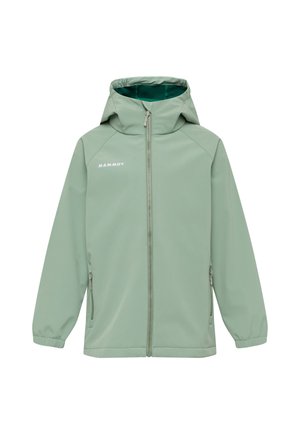 Giacca softshell con cappuccio verde chiaro, zip frontale, tasche laterali con zip, polsini elasticizzati e piccolo logo Mammut bianco sul petto.