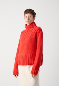 Roter Strickpullover mit hohem Kragen, mit gerippten Akzenten am Saum und an den Bündchen. Strukturiertes Muster verleiht dimensionale Details.