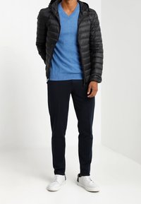 Man som bär svart puffjacka, blå V-ringad tröja, svarta byxor och vita sneakers, stående mot en vit bakgrund.