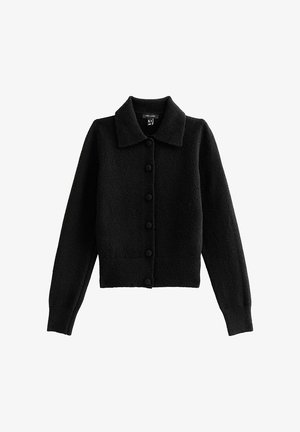 Zwarte cardigan van zacht, textuurstof, met een kraaglijn, knopenlijst aan de voorkant en lange mouwen met ribbelmanchetten en -zoom.