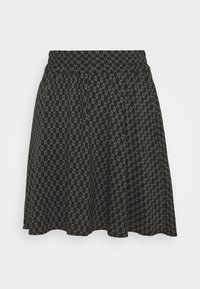 Schwarzer Skaterrock mit strukturiertem, gemustertem Design, das geometrische Formen zeigt, einem elastischen Taillenbund und einer ausladenden Silhouette.