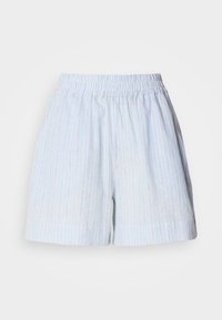 Lichtblauwe shorts met verticale witte en donkerblauwe strepen. Heeft een elastische tailleband en een ontspannen pasvorm. Gemaakt van een zacht materiaal.
