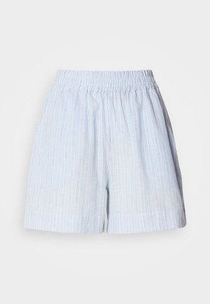 Shorts azzurri con strisce verticali bianche e blu scuro. Presentano una vita elasticizzata e una vestibilità comoda. Realizzati in un materiale morbido.