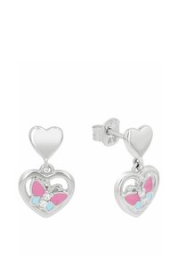 Orecchini a forma di farfalla in argento presentano un design a cuore in smalto rosa e blu, arricchiti da piccoli gemstone trasparenti, appesi a un perno a forma di cuore.