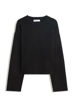 Pull en maille noir à manches longues avec col rond, poignets et ourlet côtelés, et longueur cropped.
