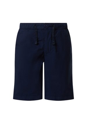 Pantaloncini blu navy fino al ginocchio con fascia elastica in vita, chiusura con bottone, coulisse con la scritta "North Sails" e tasche laterali.