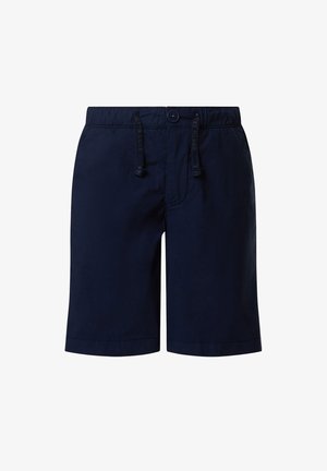 Shorts bleu marine longueur genou avec taille élastique, fermeture à bouton, cordon avec le texte "North Sails" et poches latérales.