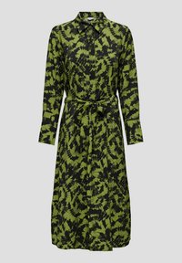 Groen en zwart bedrukt shirt-jurkje met lange mouwen, kraag, strikceintuur en een bloemig abstract patroon op textuurstof.