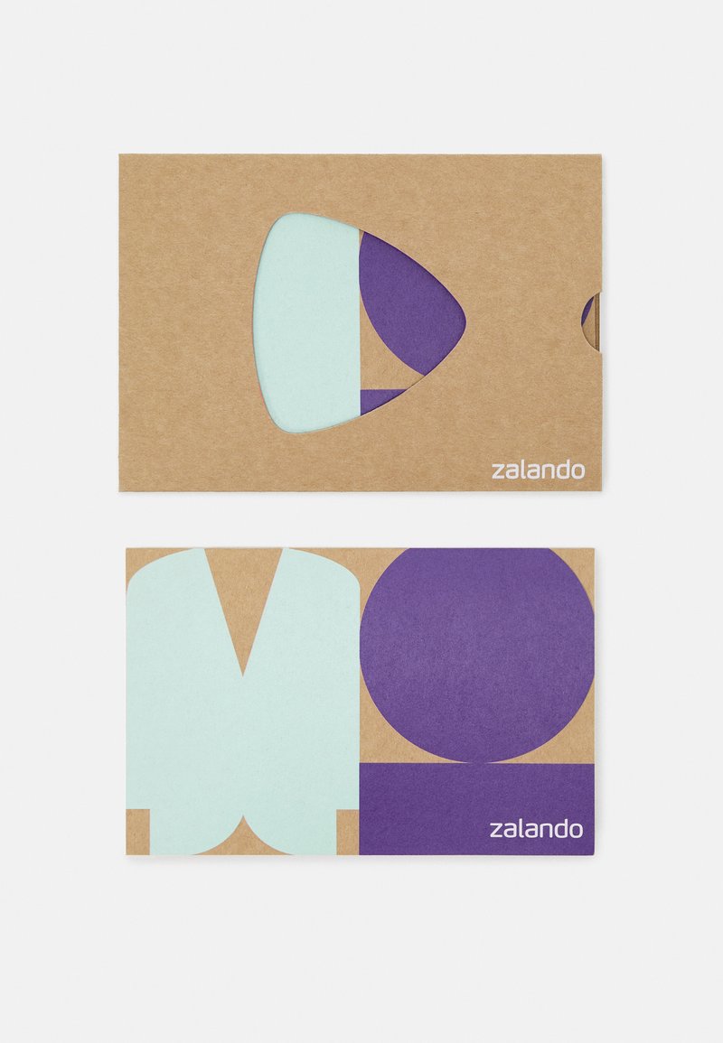 Zalando gift cards, one in brown with a cutout showing blue and purple shapes, and another in brown with large blue and purple geometric designs.