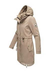 Beige damkappa med kviltad huva, dragsko i taljen, fickor med dragkedja, logotyp på ärmen och slät, vattenavvisande tyg.