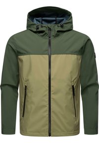 Water-resistant jacket featuring a two-tone design in dark green and olive. Includes a hood, front zipper, and two side pockets.