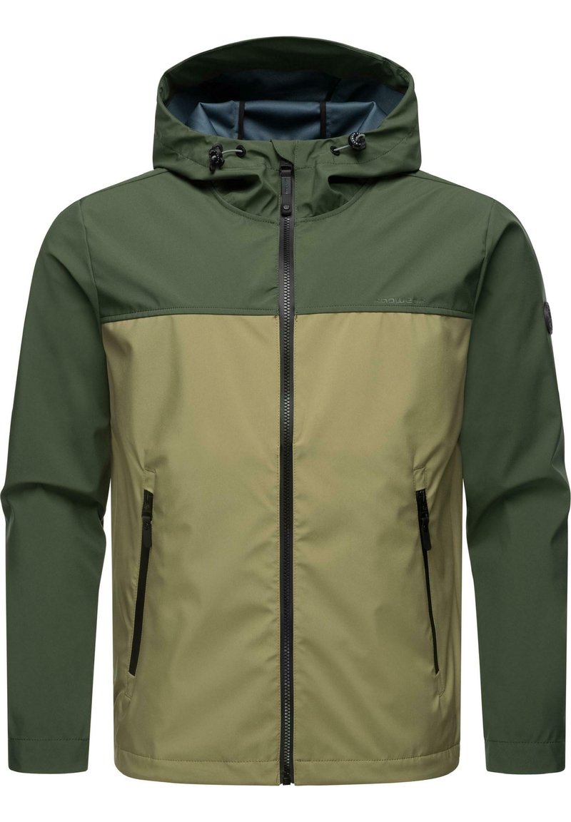 Water-resistant jacket featuring a two-tone design in dark green and olive. Includes a hood, front zipper, and two side pockets.