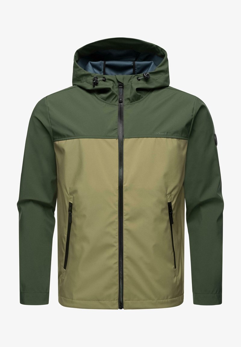 Vodoodporna jakna z dvobarvnim dizajnom v temno zeleni in olivni barvi. Ima kapuco, sprednji zadrgo in dva stranska žepa.