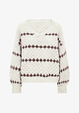 Chunky knit cream sweater with brown diamond pattern, V-neck, long balloon sleeves, and ribbed cuffs and hem.