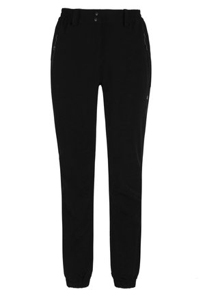 Schwarze Hose mit einem elastischen Bund, zwei seitlichen Reißverschlusstaschen und schmal zulaufenden Beinen mit elastischen Bündchen. Hergestellt aus einem glatten, strapazierfähigen Material.