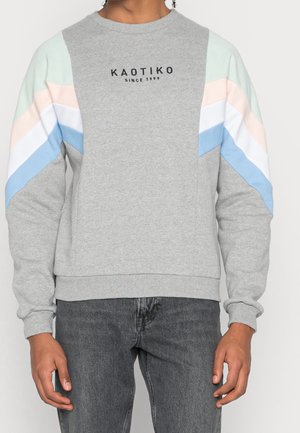 Osoba w szarej bluzie z napisem "KAOTIKO SINCE 1999" i pastelowymi, niebieskimi, białymi i różowymi pasami w kształcie jodełki na rękawach, w połączeniu z ciemnoszarymi dżinsami.