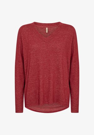 Czerwony, długi rękaw top z dekoltem w serek, luźny krój oraz teksturowana tkanina o lekko melanżowym wyglądzie i zaokrąglonym dole.