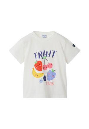Hvid kortærmet børnet-shirt med farverige smilende frugtillustrationer og teksten "FRUIT CLUB" på forsiden.