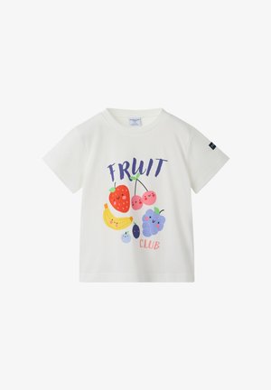 Hvid kortærmet børnet-shirt med farverige smilende frugtillustrationer og teksten "FRUIT CLUB" på forsiden.