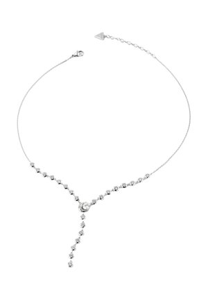 Delikatny srebrny naszyjnik o kształcie litery Y, z okrągłymi przezroczystymi kamieniami umieszczonymi na łańcuszku oraz większym centralnym kamieniem.