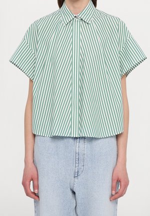 Persona que lleva una camisa de rayas verticales verdes y blancas de manga corta con cuello y vaqueros azul claro de cintura alta.