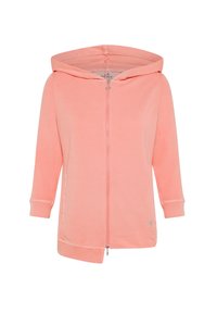 Světle růžová mikina na zip s kapucí, dlouhými rukávy a žebrovanými manžetami. Obsahuje stříbrný zip a mírně prodloužený střih trupu. Měkká tkanina.