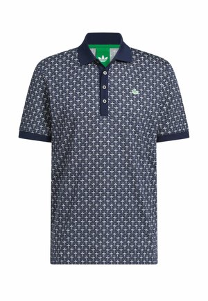 Navy polo shirt with white floral pattern, navy collar and cuffs, three buttons, and small green logo on left chest.