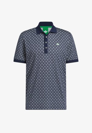 Navy polo shirt with white floral pattern, navy collar and cuffs, three buttons, and small green logo on left chest.
