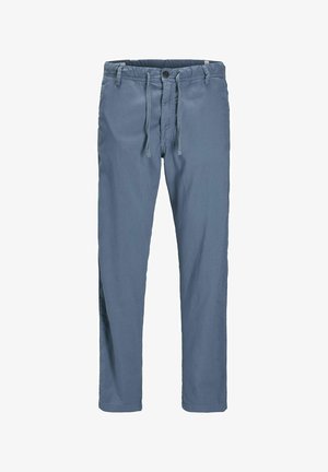 Kék, könnyű, pamut nadrág, húzózsinóros derékkal, gombzárral és oldalzsebekkel. Egyenes lábú fazon, látható minták nélkül.