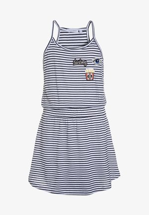 Witte en zwarte gestreepte mouwloze jurk met elastische taille, voorzien van patches met een oog, het woord "darling" en een popcorndoosje.